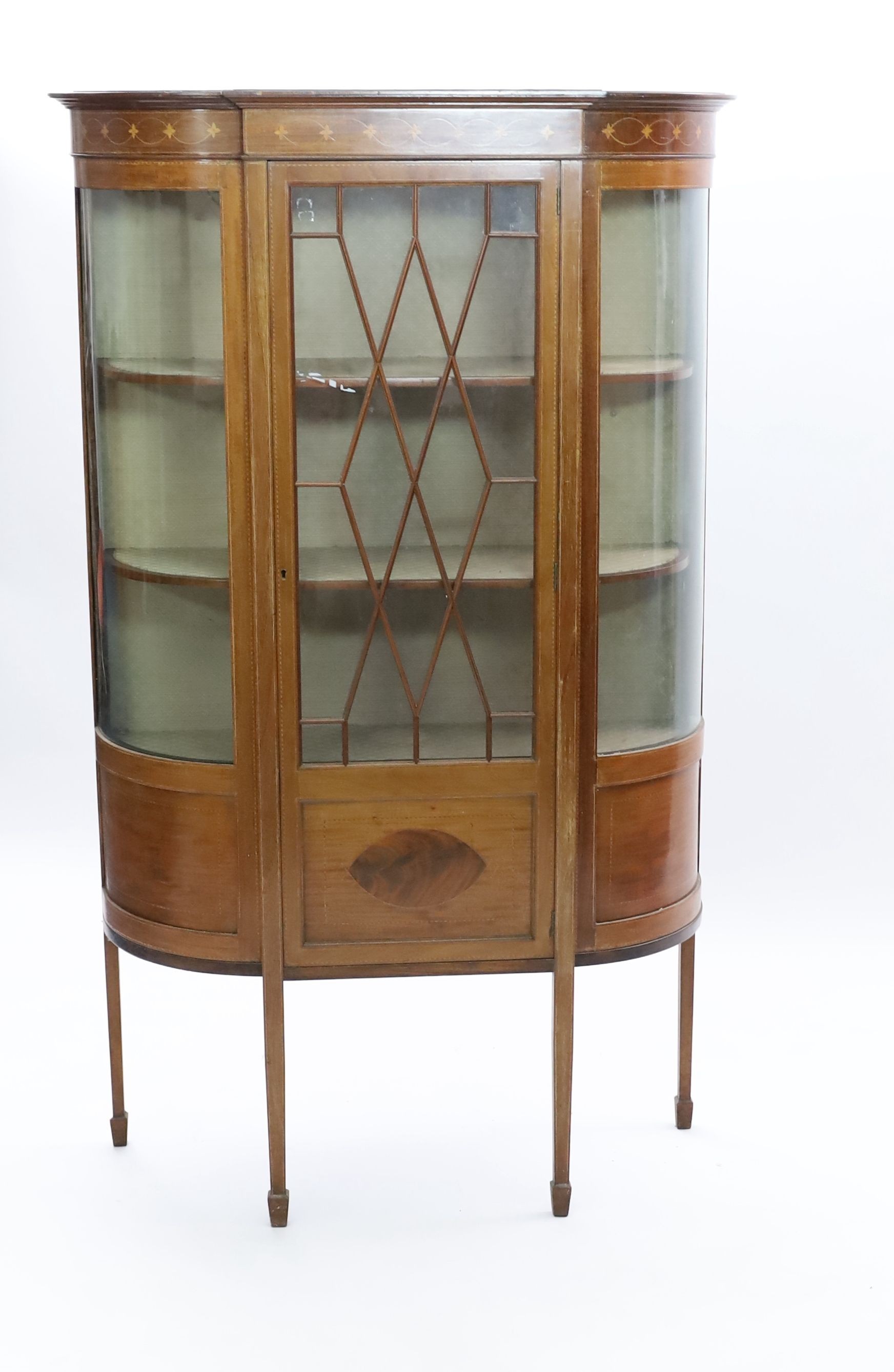 An early 20th century inlaid mahogany display cabinet, 190cm wide 178cm high